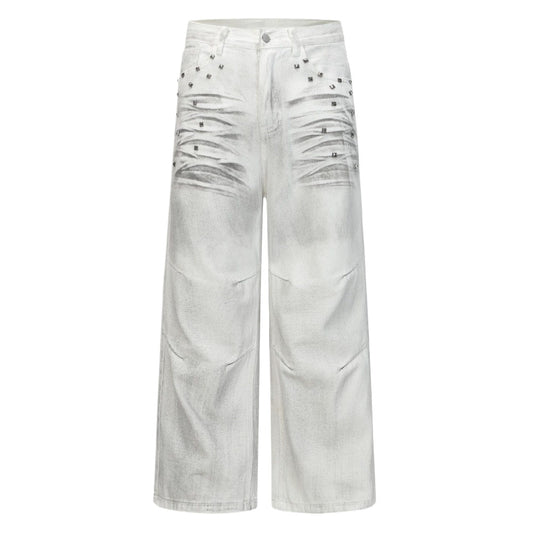 Riveted Washed White Wide - Leg Jeans - Thrashink