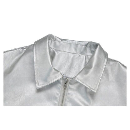 Shiny Lapel Collar PU Leather Jacket - Thrashink