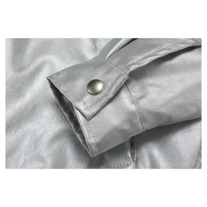Shiny Lapel Collar PU Leather Jacket - Thrashink
