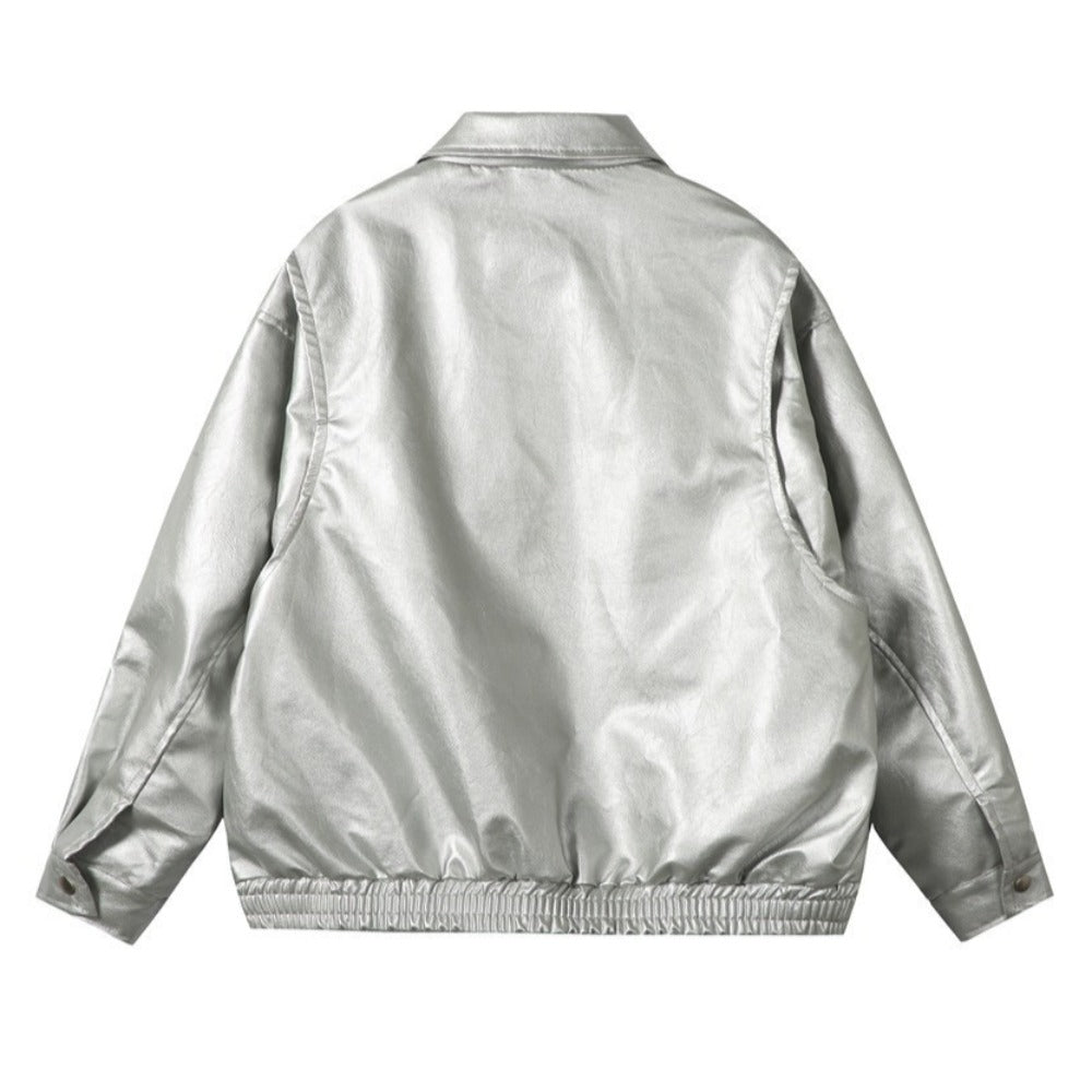 Shiny Lapel Collar PU Leather Jacket - Thrashink