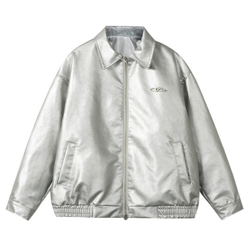 Shiny Lapel Collar PU Leather Jacket - Thrashink