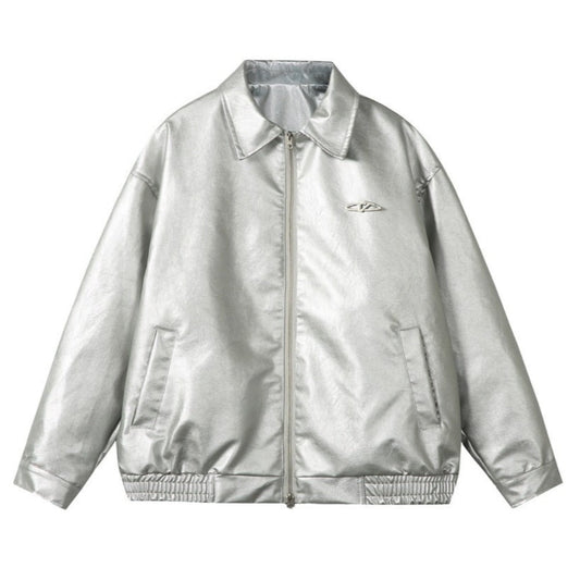 Shiny Lapel Collar PU Leather Jacket - Thrashink