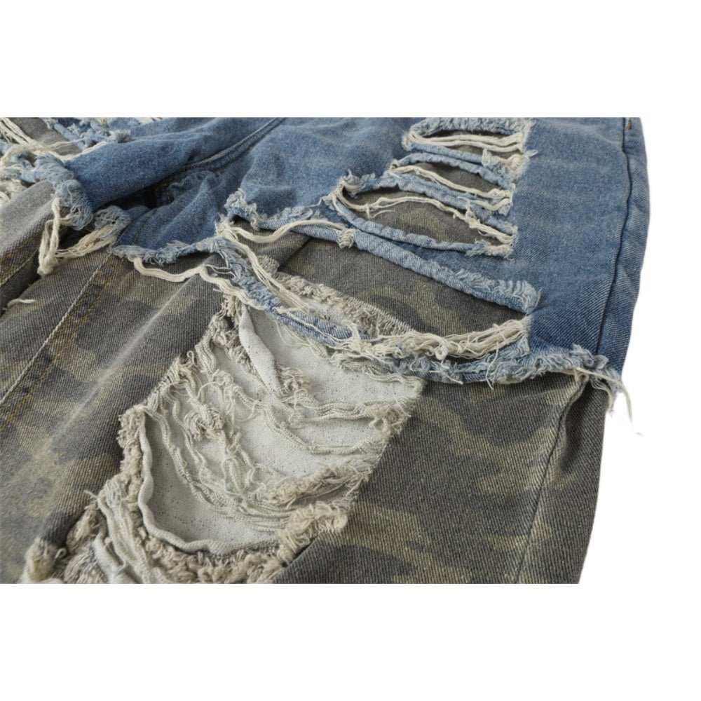 Shredded Camo Patchwork Destroyed Jeans - Thrashink