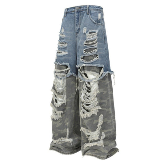 Shredded Camo Patchwork Destroyed Jeans - Thrashink