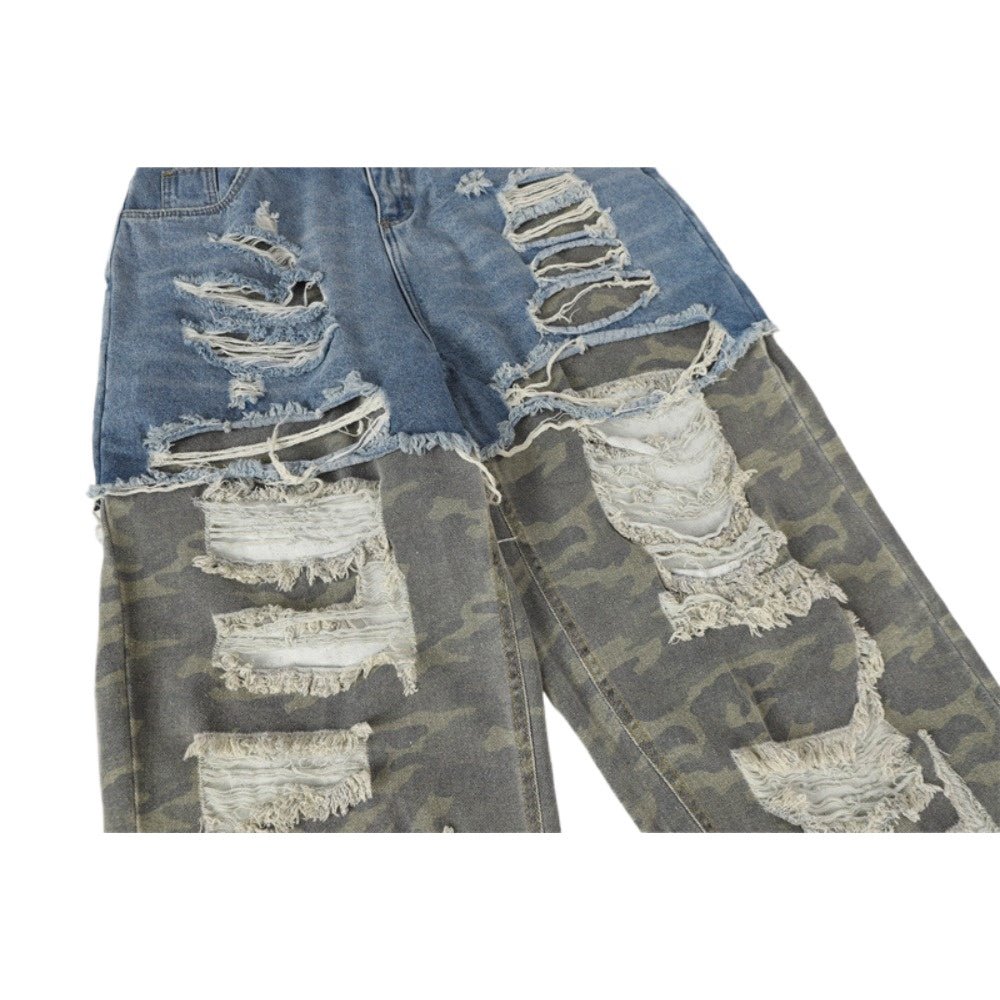 Shredded Camo Patchwork Destroyed Jeans - Thrashink