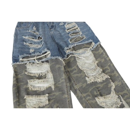 Shredded Camo Patchwork Destroyed Jeans - Thrashink