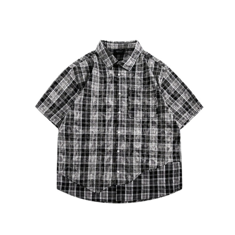 Simple Hem Paneled Plaid Shirt - Thrashink