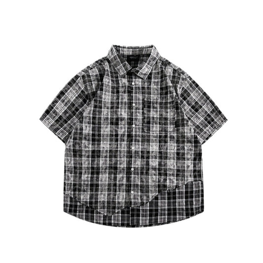 Simple Hem Paneled Plaid Shirt - Thrashink