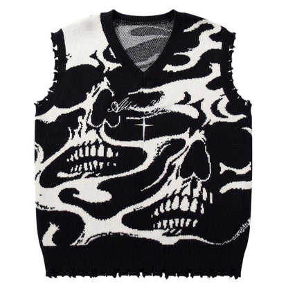 Skull Inferno Ripped Sweater Vest - Thrashink