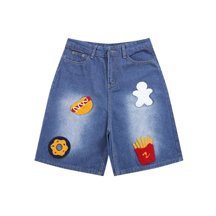 Snacks Embroidery Bermuda Denim Shorts - Thrashink