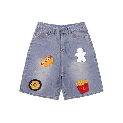 Snacks Embroidery Bermuda Denim Shorts - Thrashink