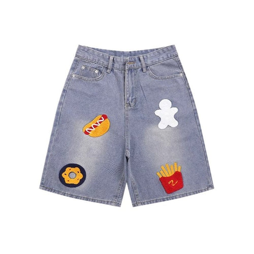 Snacks Embroidery Bermuda Denim Shorts - Thrashink