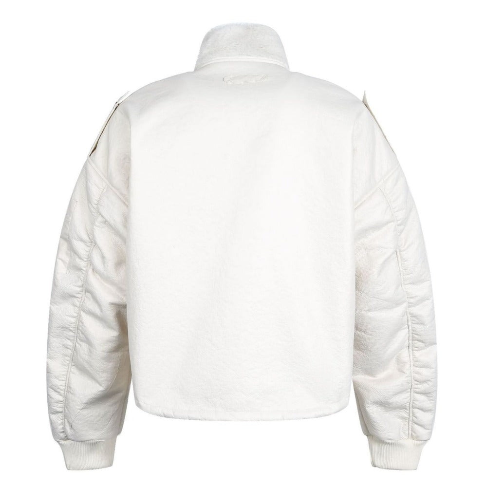 Solid Color Faux Leather Bomber Jacket - Thrashink