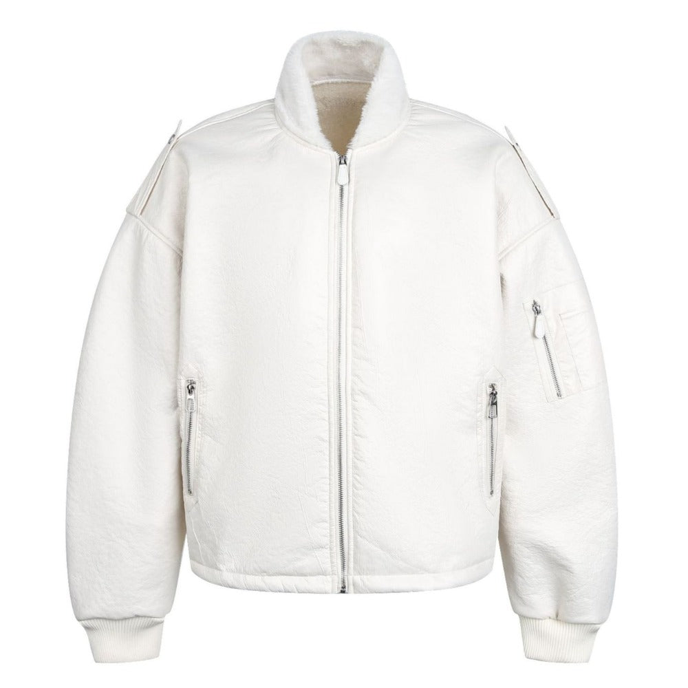 Solid Color Faux Leather Bomber Jacket - Thrashink