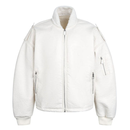 Solid Color Faux Leather Bomber Jacket - Thrashink