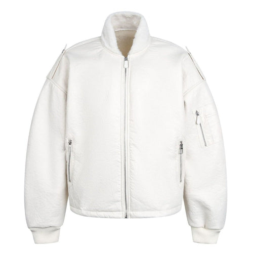 Solid Color Faux Leather Bomber Jacket - Thrashink