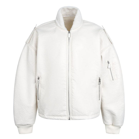 Solid Color Faux Leather Bomber Jacket - Thrashink