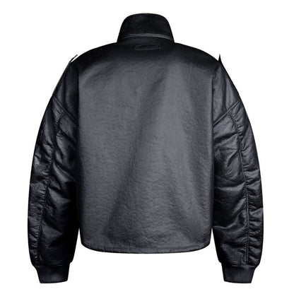 Solid Color Faux Leather Bomber Jacket - Thrashink
