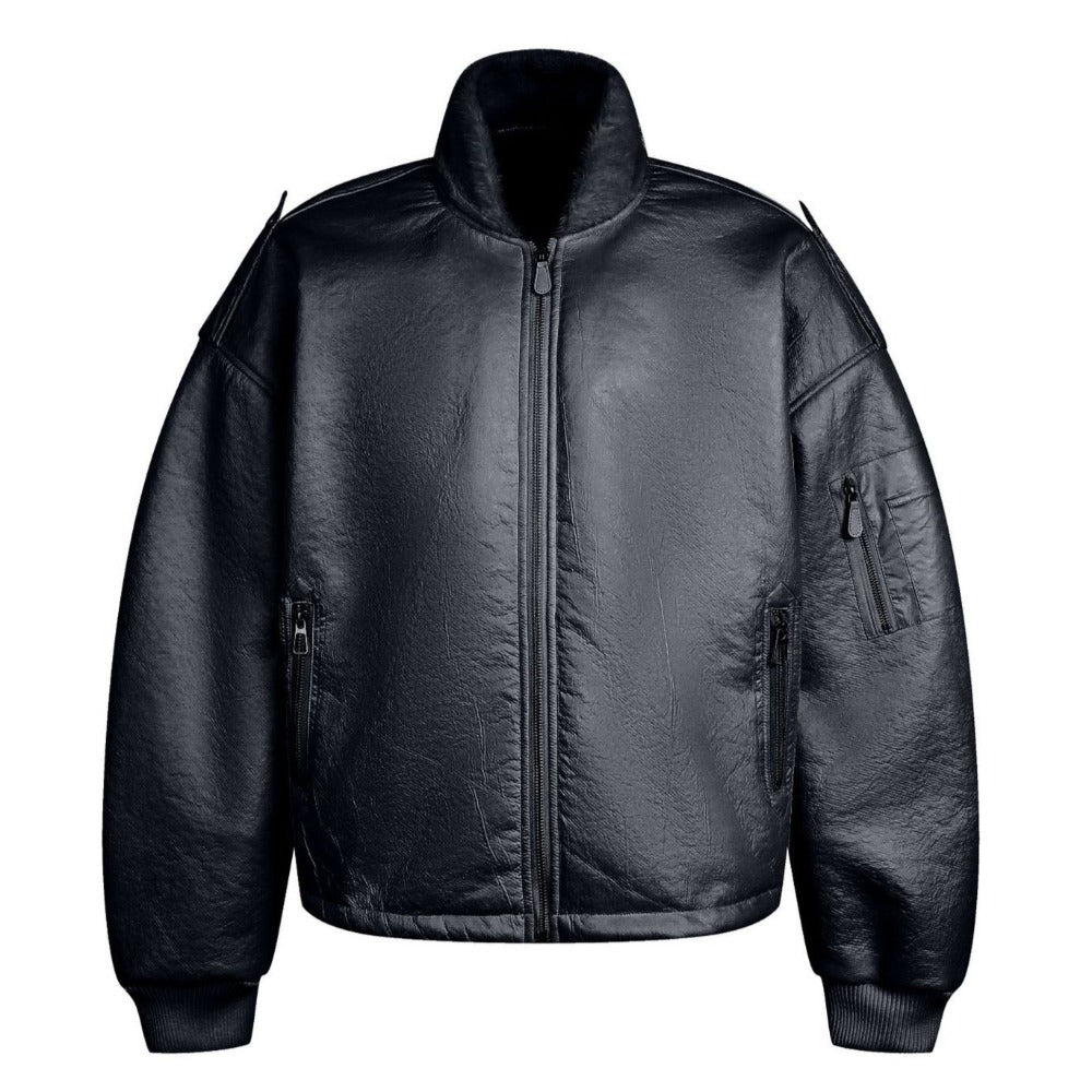 Solid Color Faux Leather Bomber Jacket - Thrashink