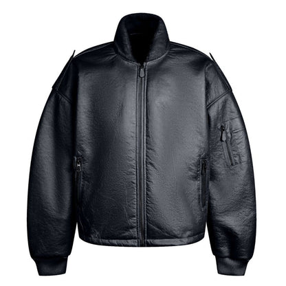 Solid Color Faux Leather Bomber Jacket - Thrashink