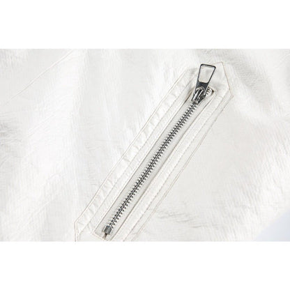 Solid Color Faux Leather Bomber Jacket - Thrashink