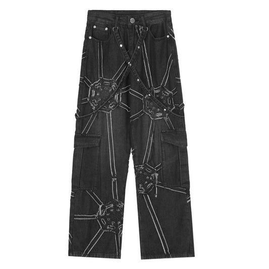 Spider Web Strap Distressed Cargo Jeans - Thrashink