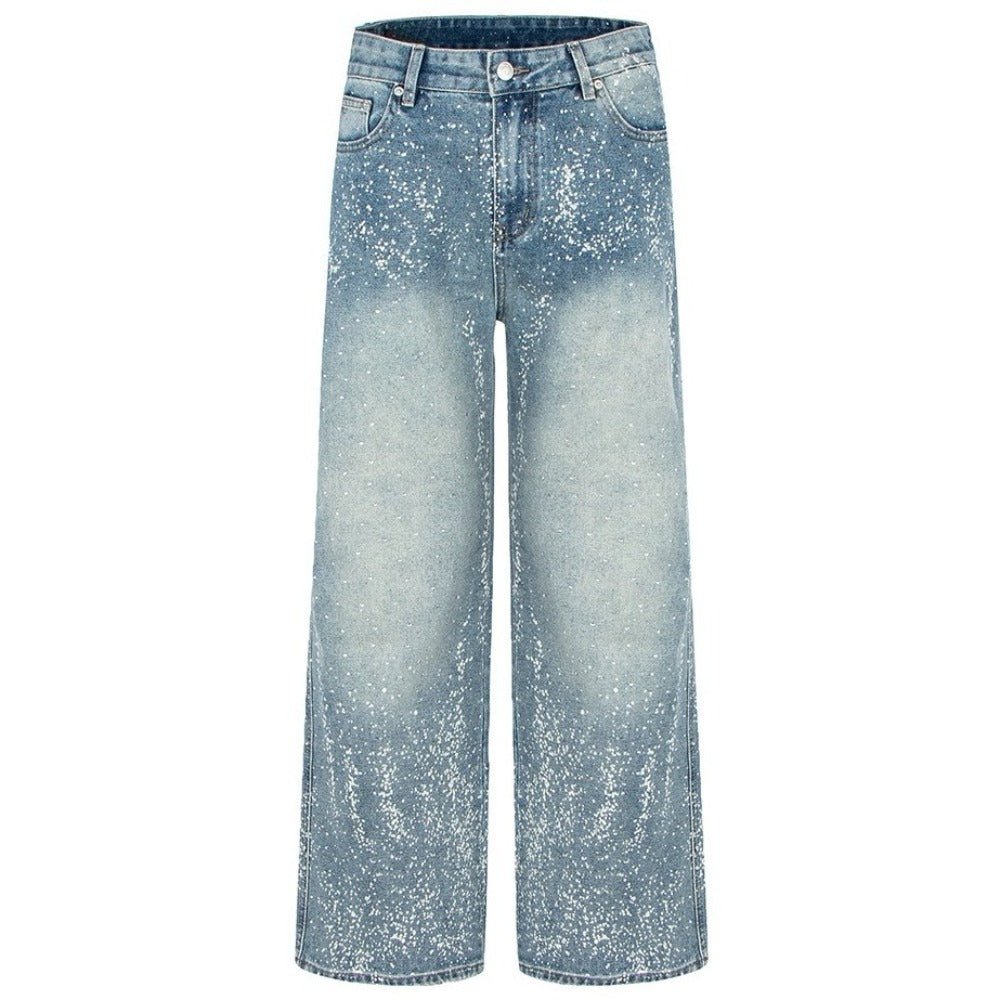 Spray - painted Rhinestone Washed Wide - leg Jeans - Thrashink