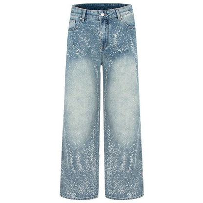 Spray - painted Rhinestone Washed Wide - leg Jeans - Thrashink