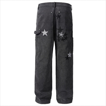 Star Embellished Denim Cargo Pants - Thrashink
