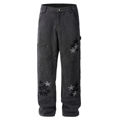 Star Embellished Denim Cargo Pants - Thrashink