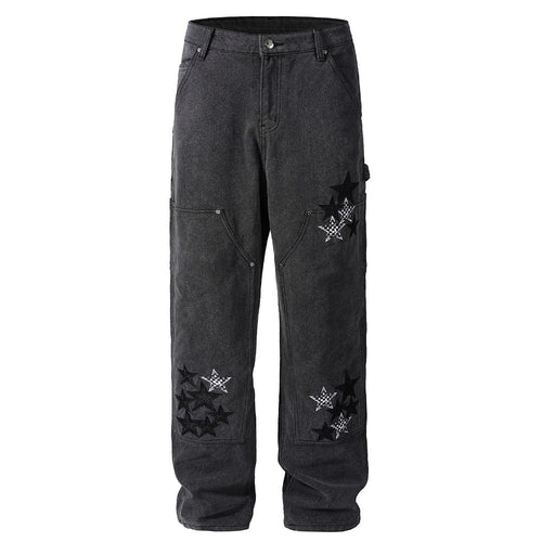 Star Embellished Denim Cargo Pants - Thrashink