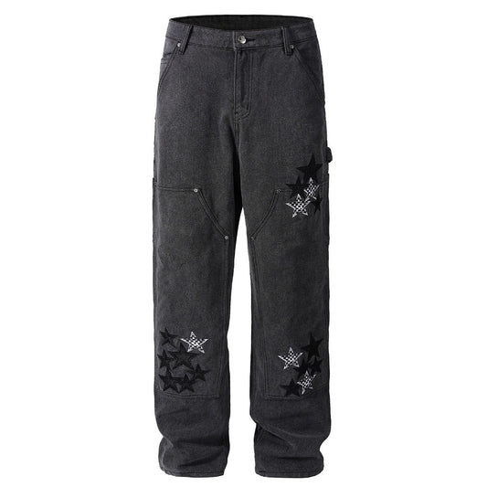 Star Embellished Denim Cargo Pants - Thrashink