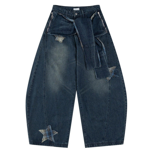 Star Embroidered Belted Jeans - Thrashink