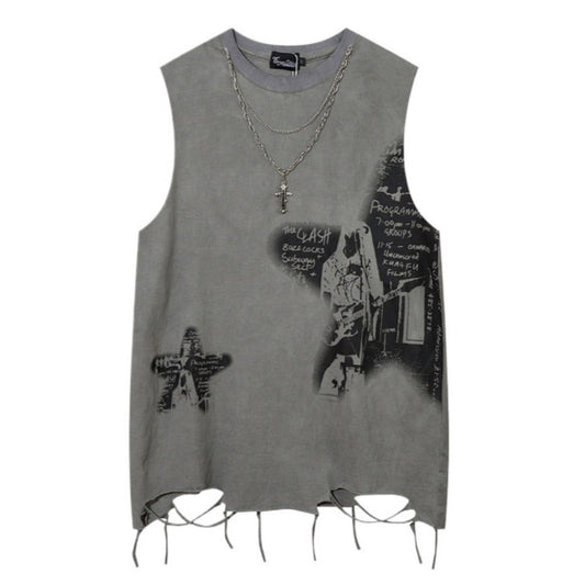 Star Graffiti Print Ripped Tank Top - Thrashink
