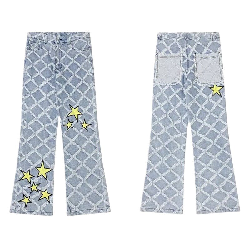 Star Printed Frayed Grid Jeans - Thrashink
