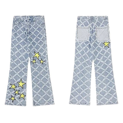 Star Printed Frayed Grid Jeans - Thrashink