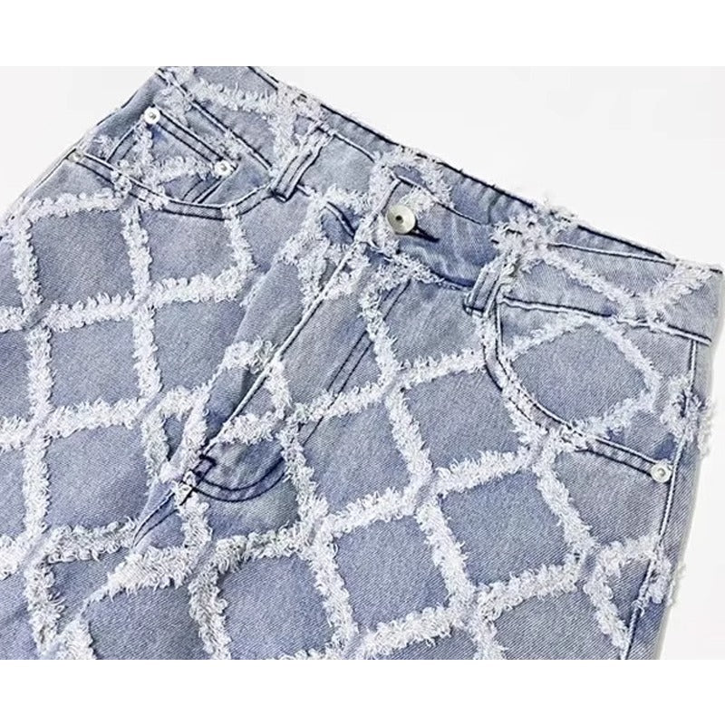 Star Printed Frayed Grid Jeans - Thrashink