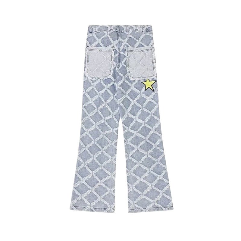 Star Printed Frayed Grid Jeans - Thrashink