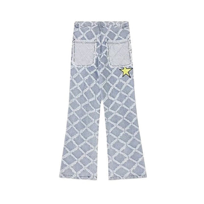 Star Printed Frayed Grid Jeans - Thrashink