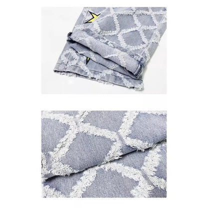 Star Printed Frayed Grid Jeans - Thrashink