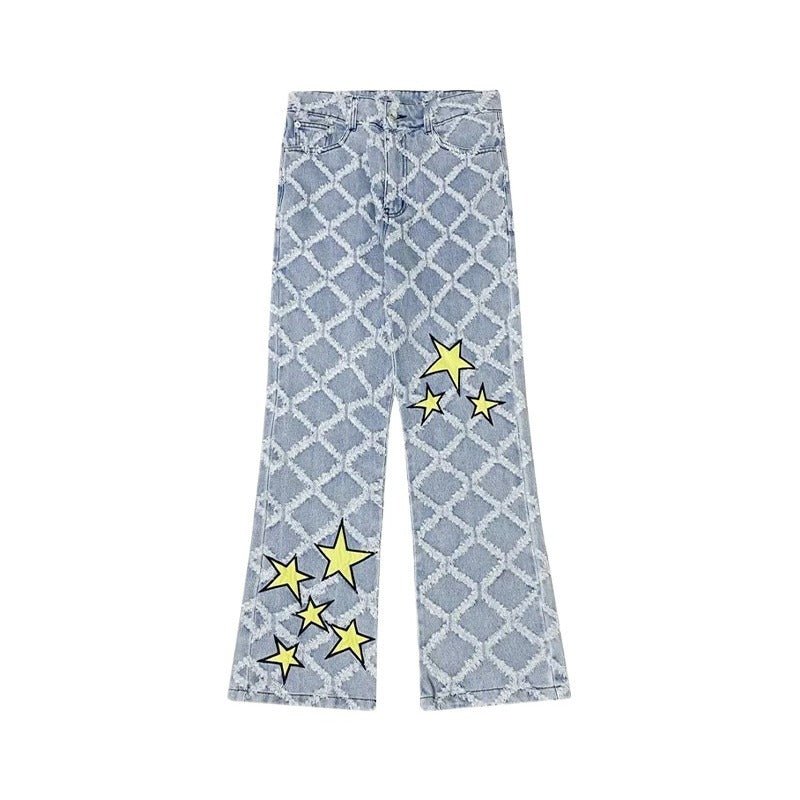 Star Printed Frayed Grid Jeans - Thrashink