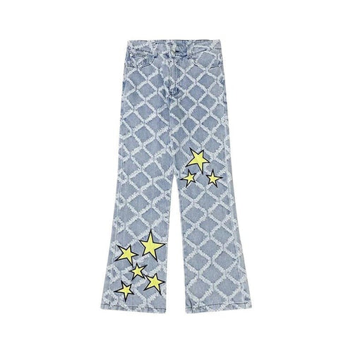 Star Printed Frayed Grid Jeans - Thrashink
