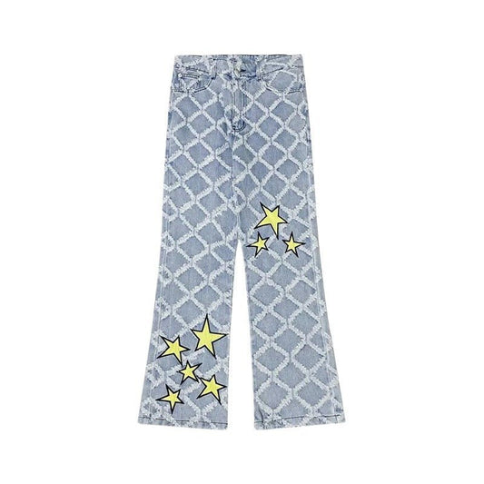 Star Printed Frayed Grid Jeans - Thrashink