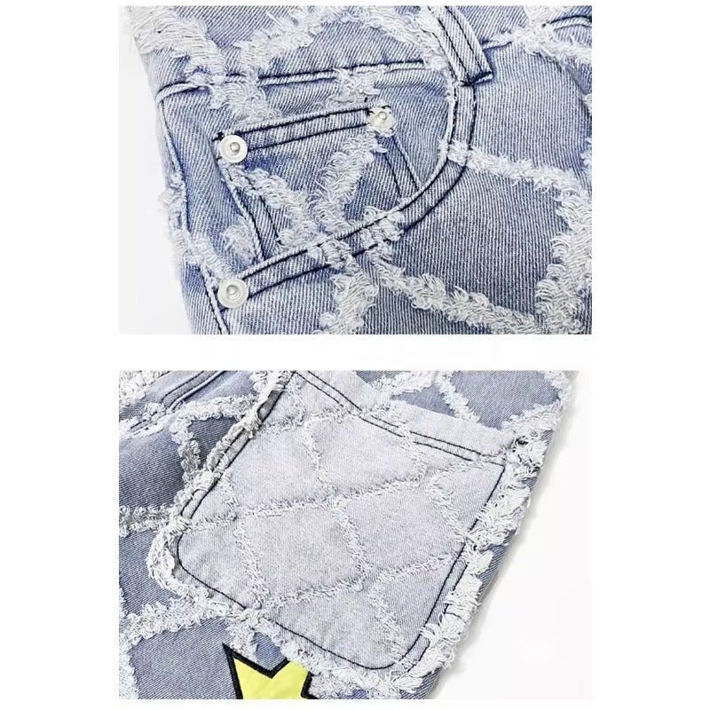 Star Printed Frayed Grid Jeans - Thrashink