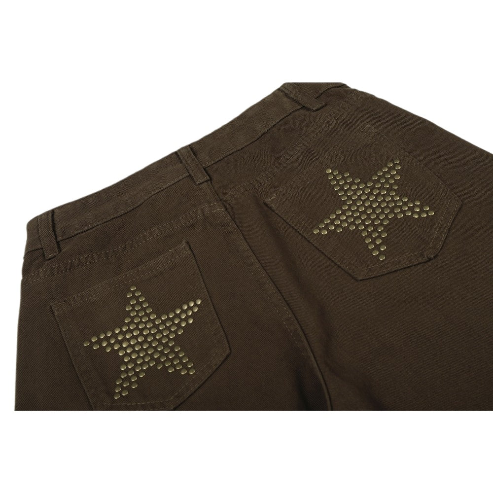 Star - studded Pocket Wide - leg Brown Jeans - Thrashink