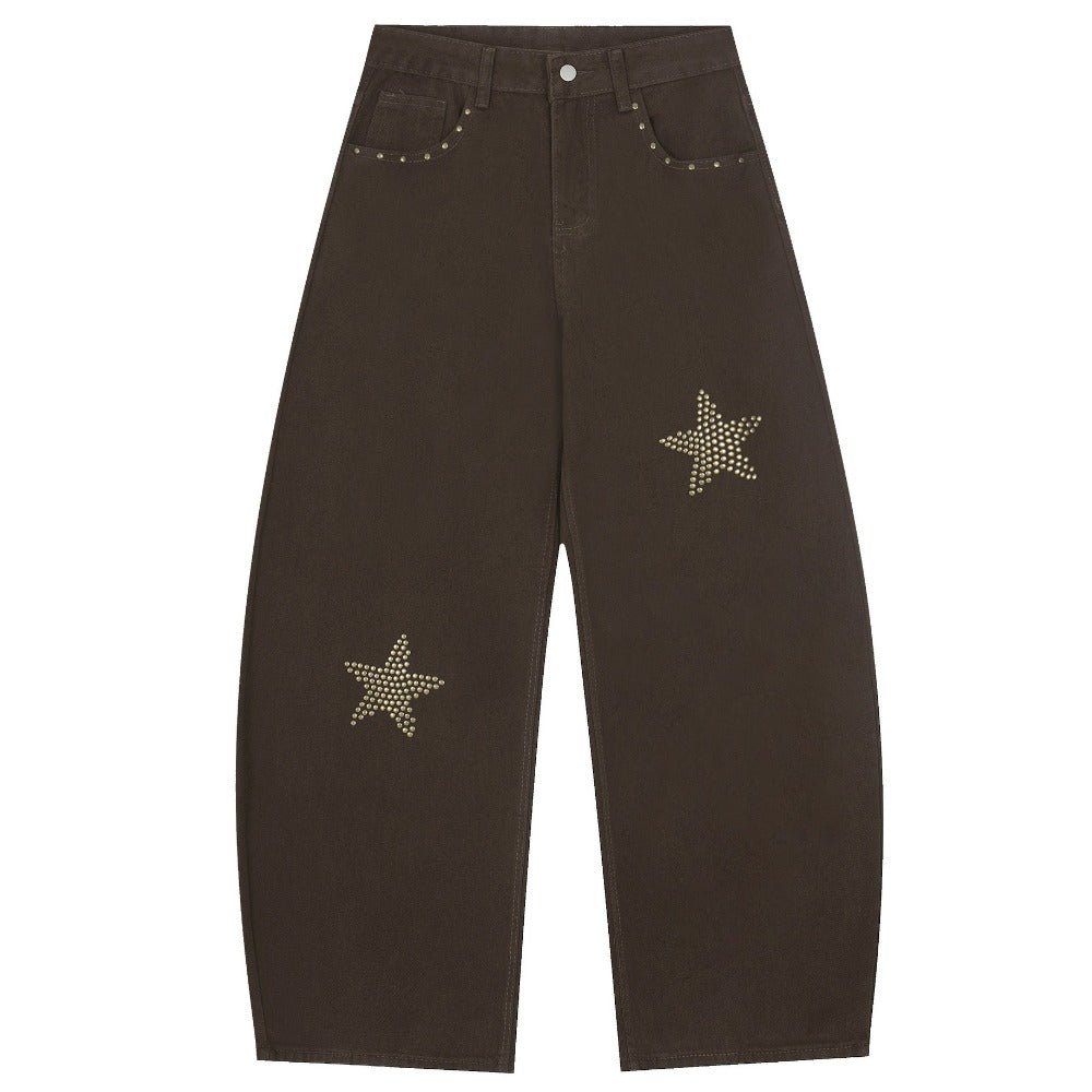 Star - studded Pocket Wide - leg Brown Jeans - Thrashink