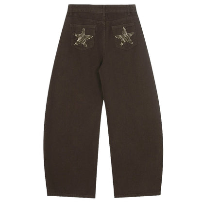 Star - studded Pocket Wide - leg Brown Jeans - Thrashink