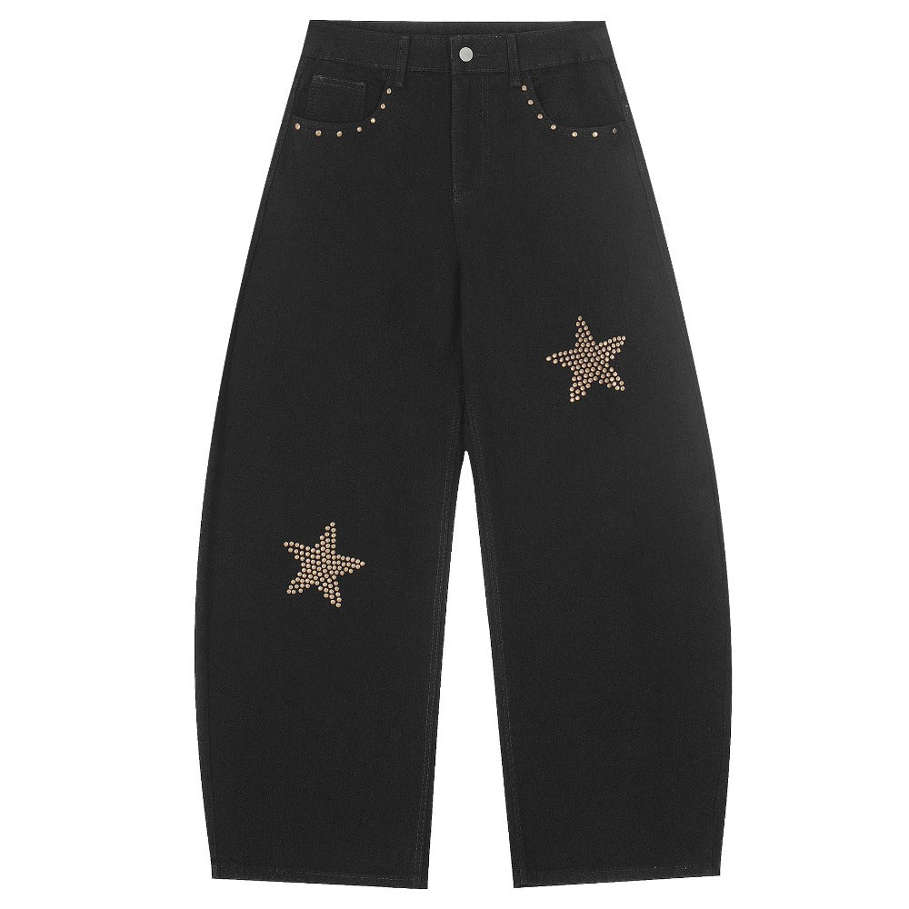 Star - studded Pocket Wide - leg Brown Jeans - Thrashink