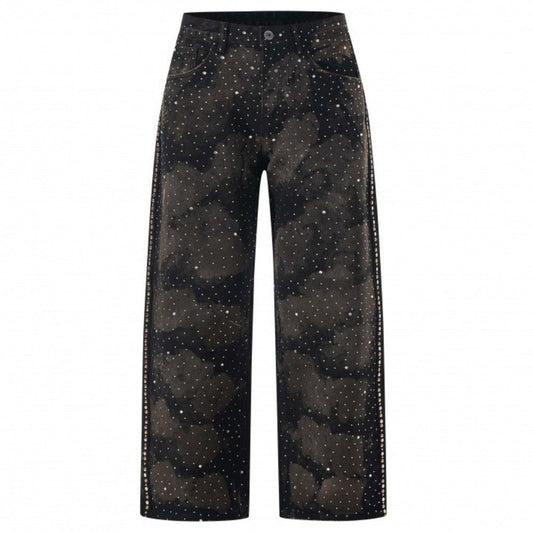 Starry Rhinestone Studded Wide - Leg Jeans - Thrashink