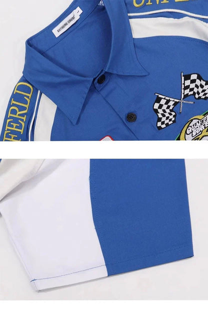 Street Colorblock Embroidered Short Sleeve Shirt - Thrashink